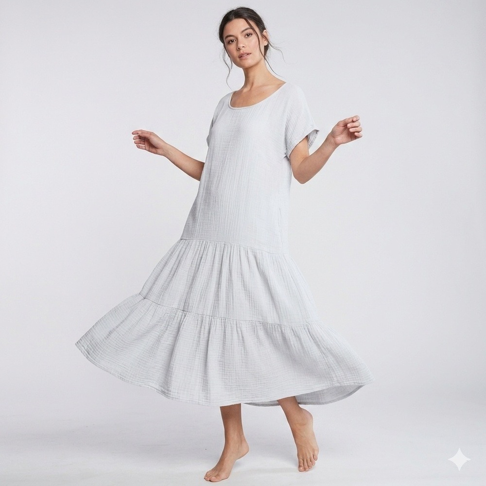 FILOSOFIA Women Light Grey Cotton Double Gauze Maxi Dress with Pockets Sz M NWT